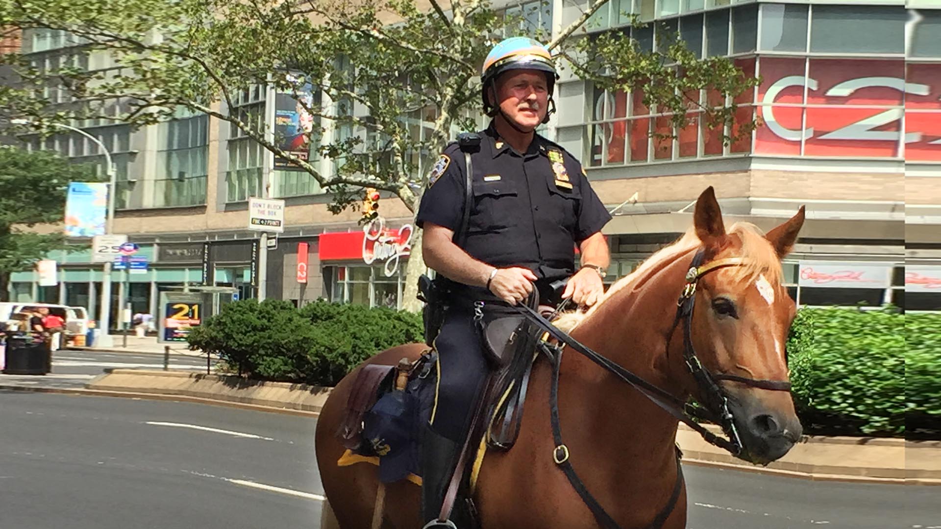Lincoln Center area police is riding a horse down Broadway